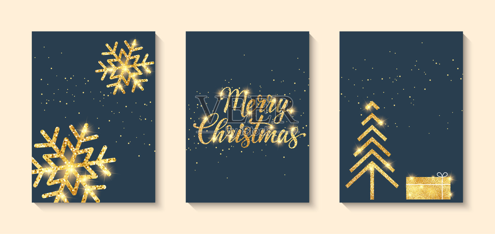 圣诞快乐的金色贺卡，礼物和雪花黑色背景。圣诞问候的设计理念。插画图片素材
