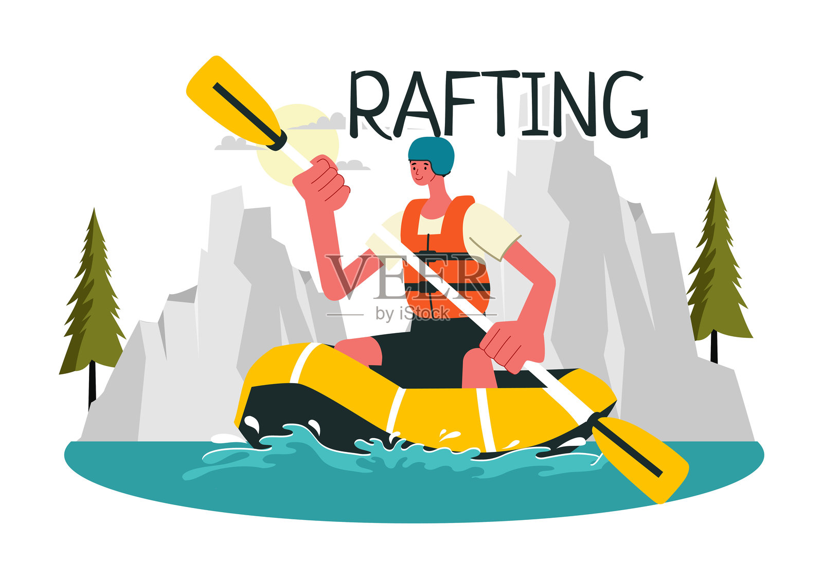 漂流矢量插图特色的人在湖面上从事水上运动，划独木舟，坐在船上，并在背景中持有桨插画图片素材