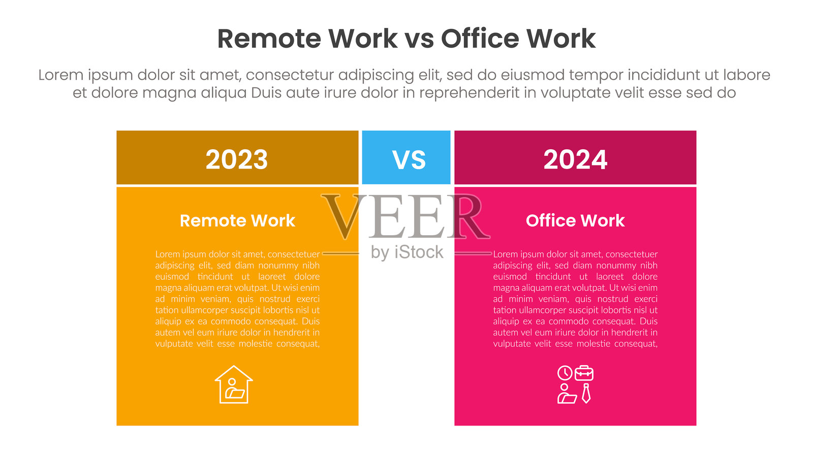 远程工作与办公室工作的信息图表模板横幅的比较概念与全彩背景块与两点列表信息框表插画图片素材