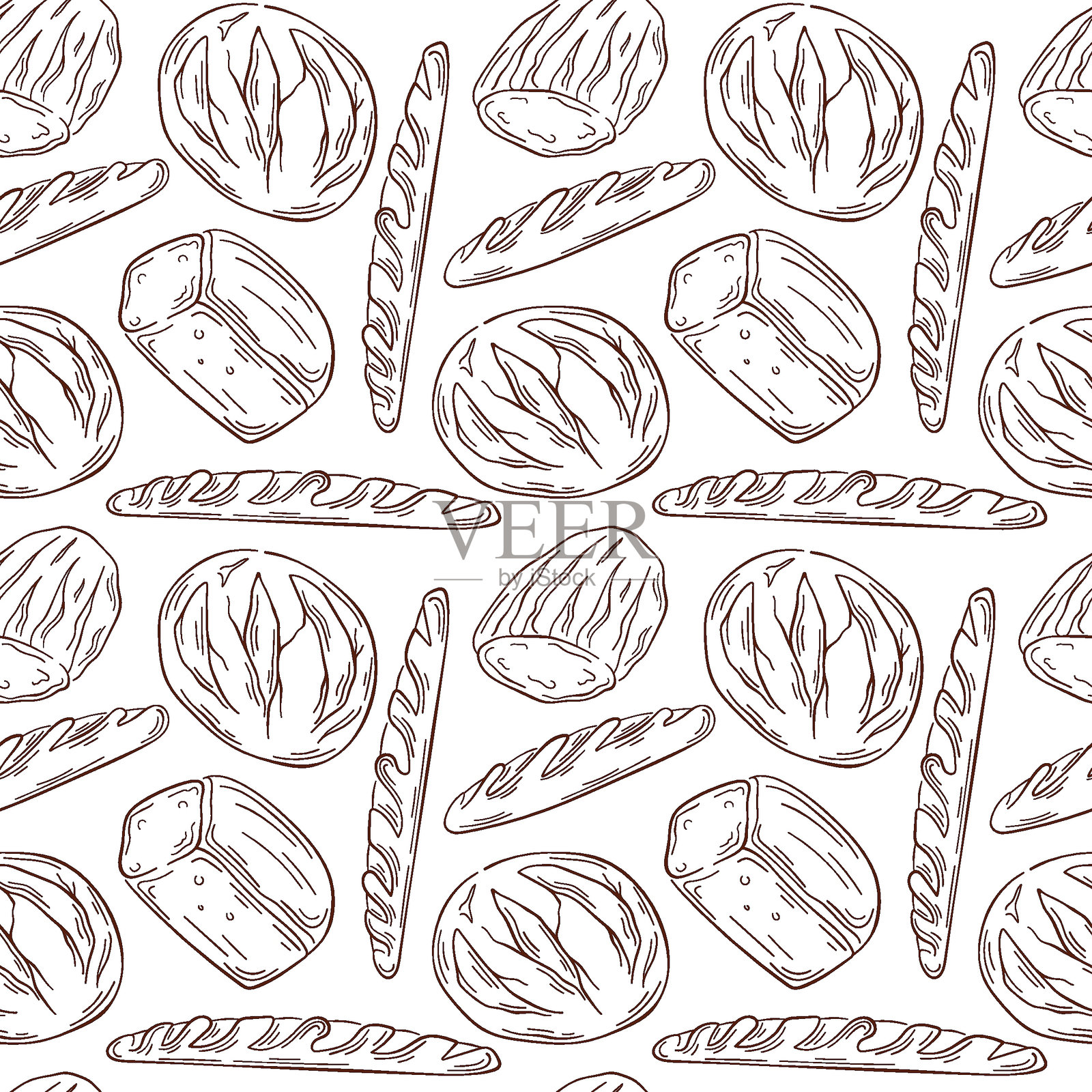 无缝图案与法棍和面包在线艺术风格。法国面包店。设计壁纸，背景，背景，卡片和咖啡馆的食物菜单。插画图片素材