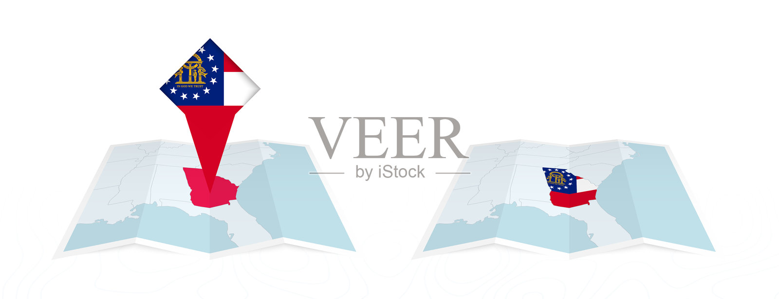 格鲁吉亚折叠地图的两个版本，一个有国旗，另一个在地图等高线上有国旗。模板印刷和在线设计。插画图片素材