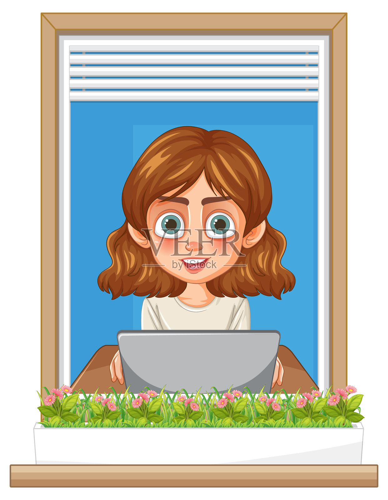 小女孩在放着花的窗边使用笔记本电脑插画图片素材