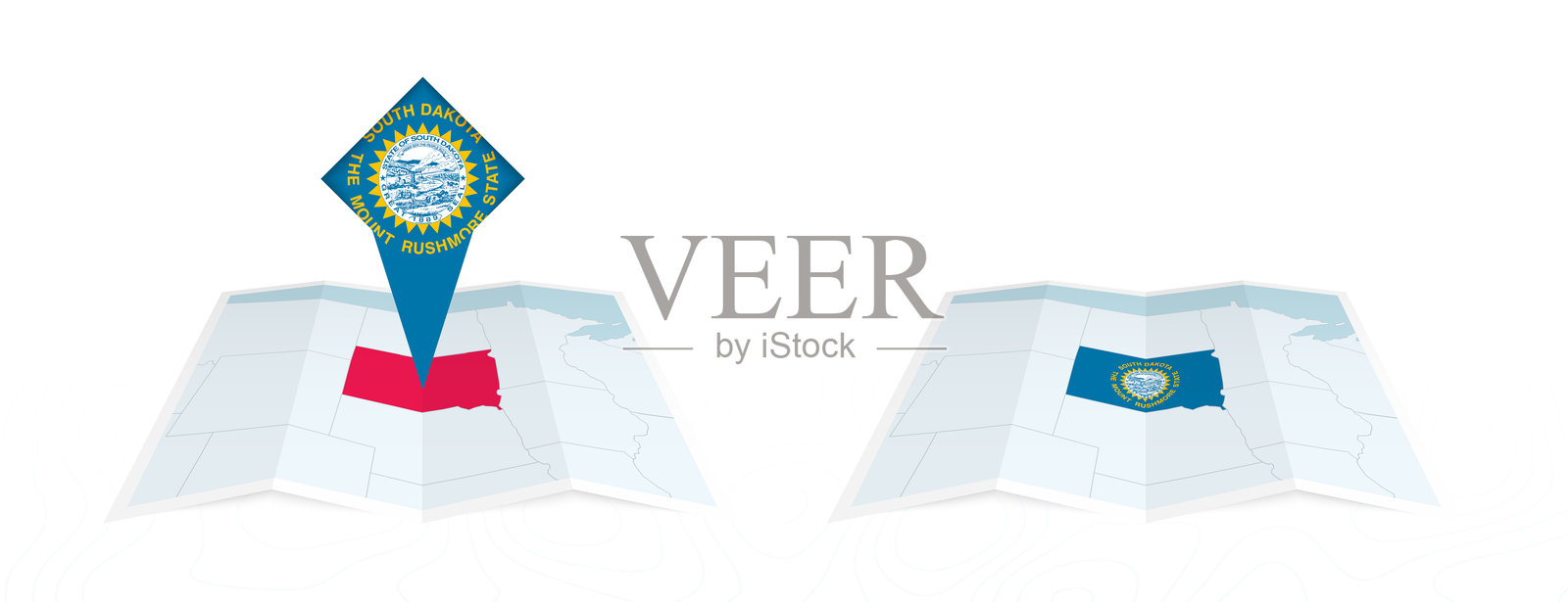 南达科他州折叠地图的两种版本，一种有州旗，另一种在地图等高线上有国旗。模板印刷和在线设计。插画图片素材