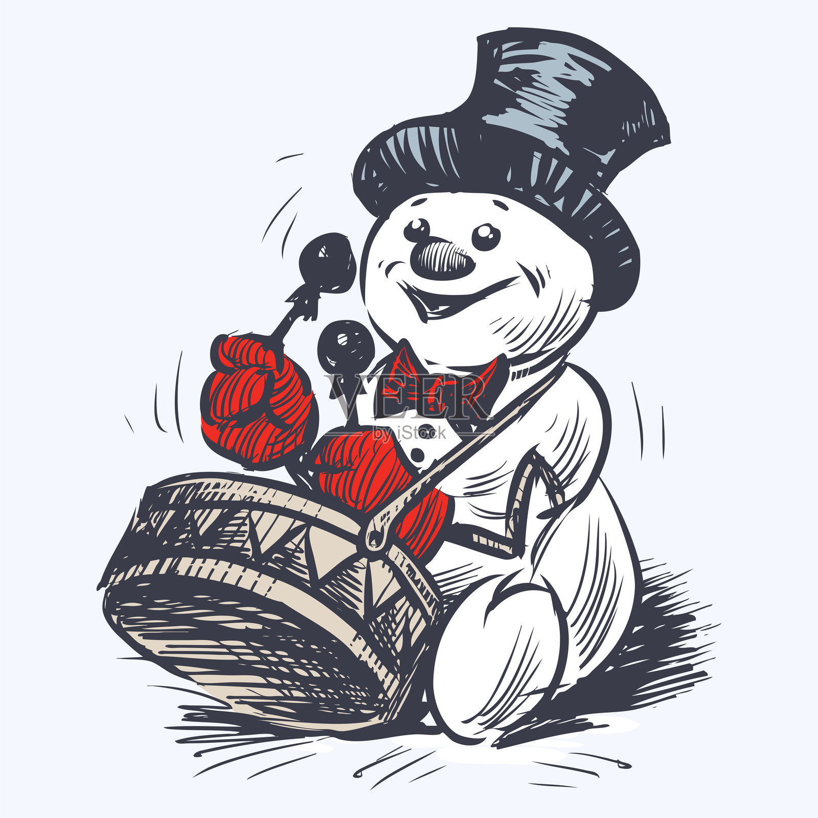 手画的鼓手雪人，欢快的卡通音乐家在圣诞节玩，矢量插图插画图片素材
