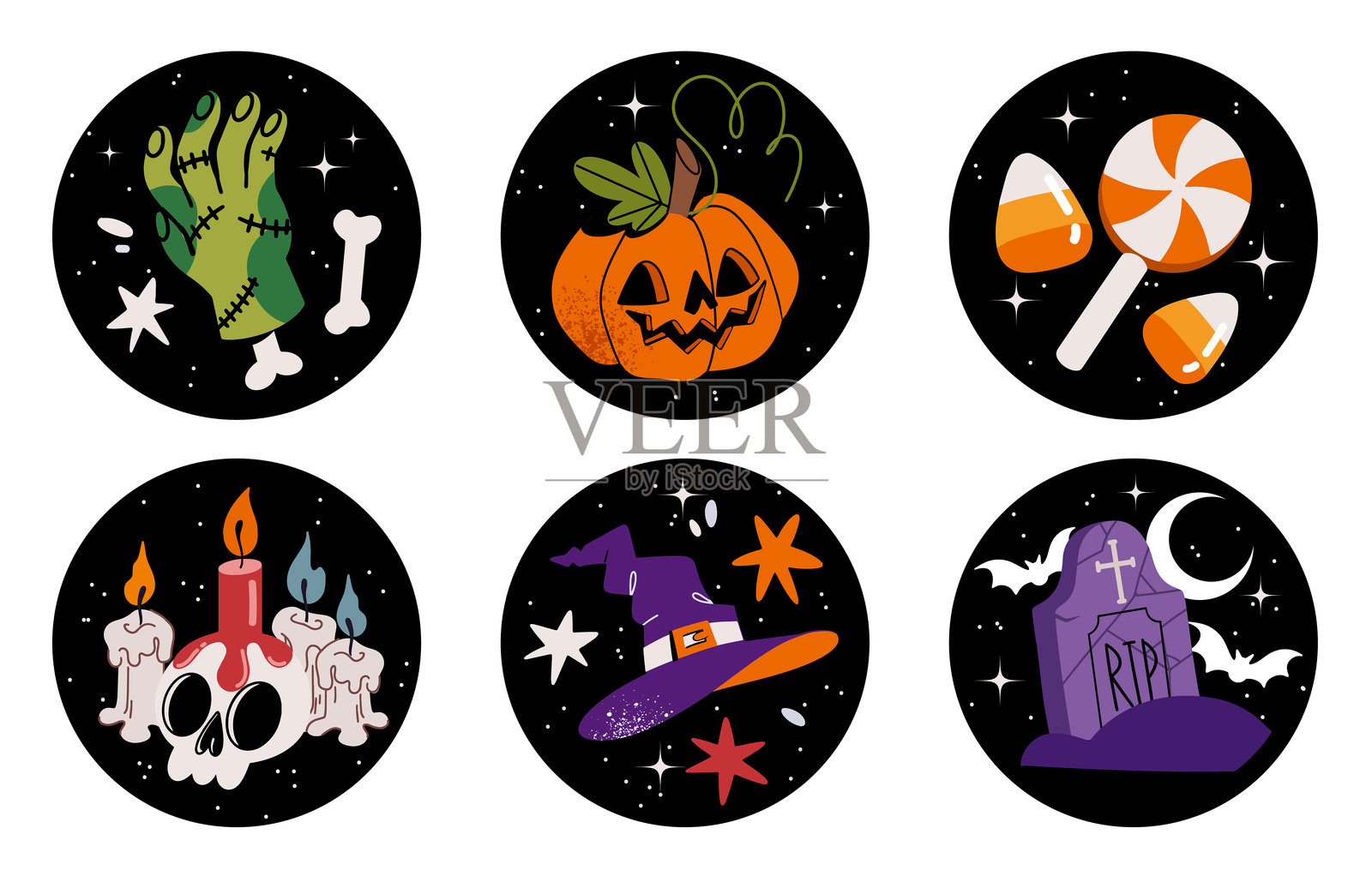 万圣节快乐矢量圆形状贴纸。插画图片素材
