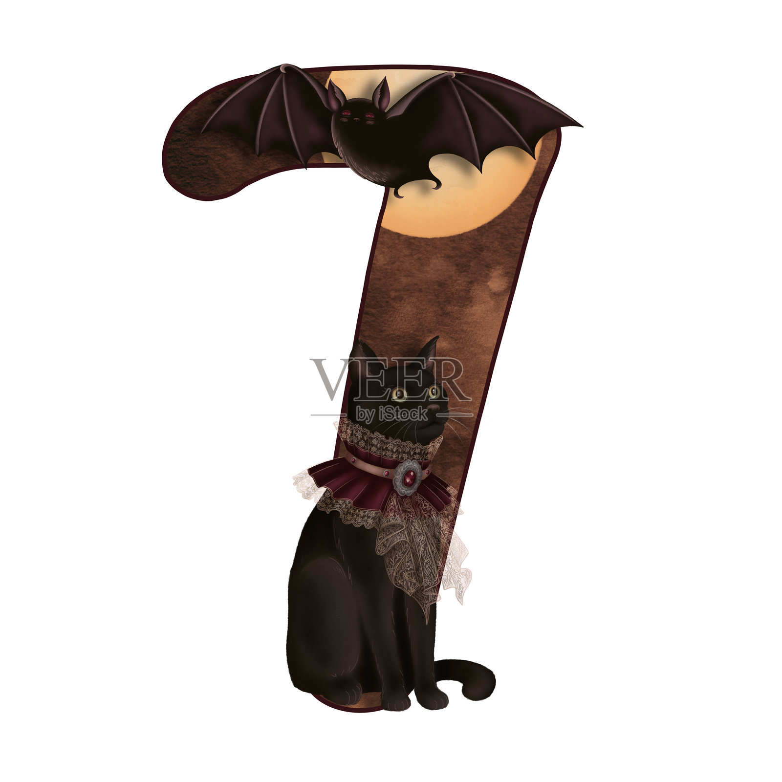 第七张万圣节插图，黑猫和蝙蝠的卡通风格。手绘深棕色数字7。孤立的图纸完美的秋天字体图形和怪异的季节卡设计。插画图片素材