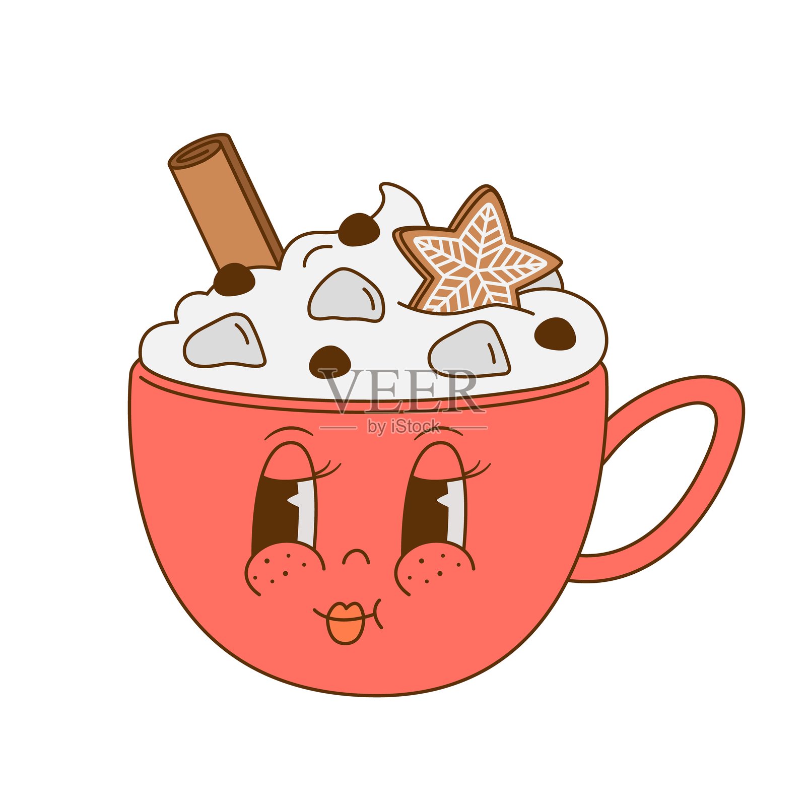 有趣的复古卡通拿铁角色矢量插画，复古卡布奇诺吉祥物，圣诞新年氛围插画图片素材