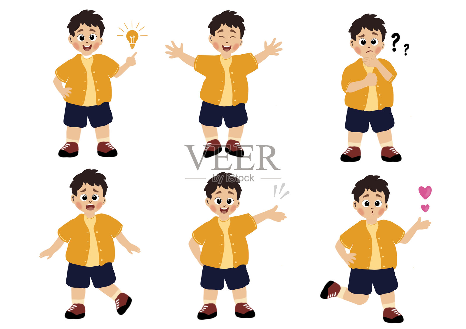 可爱的小男孩在各种表情和动作集插画图片素材