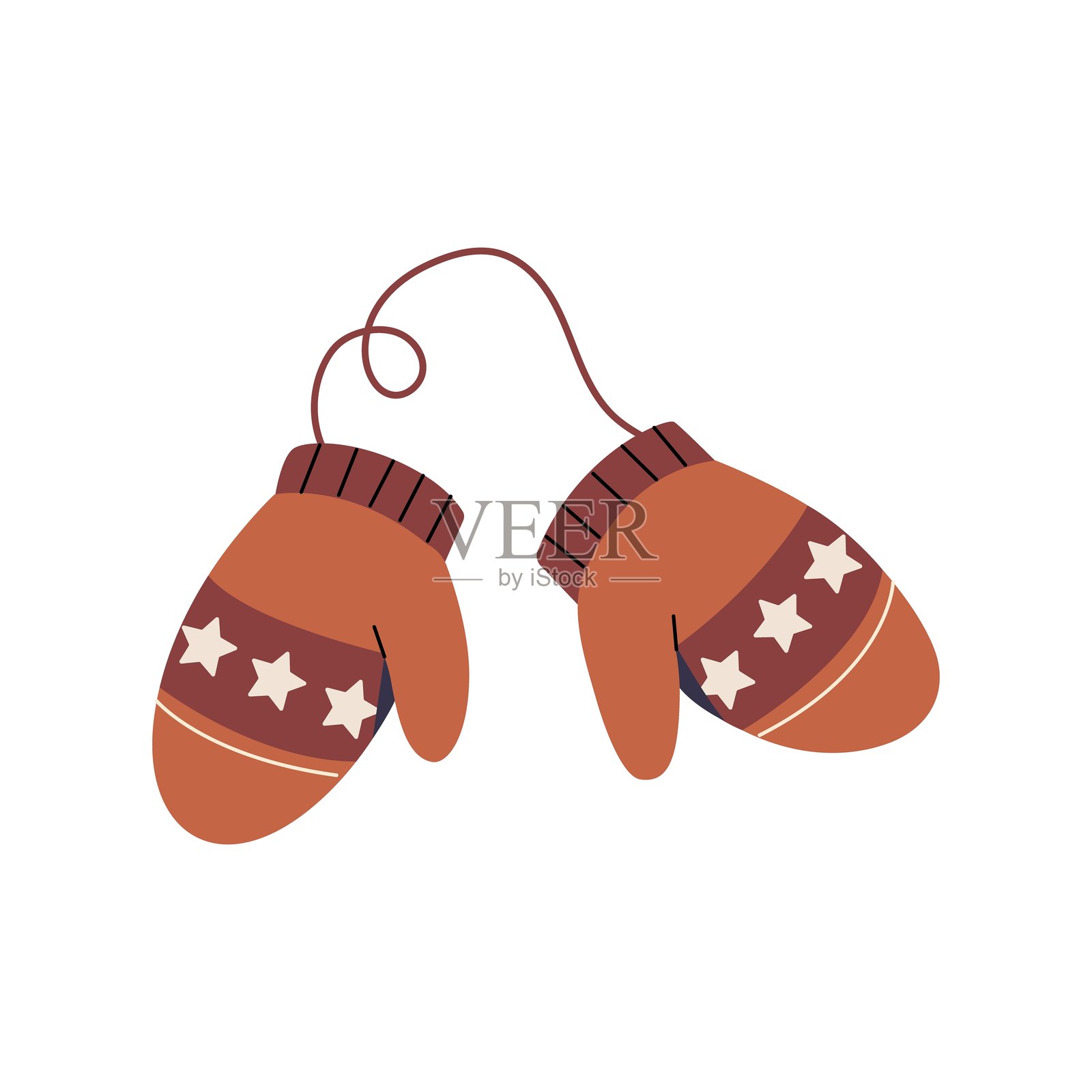 一副可爱的圣诞图案连指手套。带线的圣诞手套。冬季配饰，季节性保暖衣物。新年装饰，装饰。平面隔离矢量插图上的白色背景插画图片素材