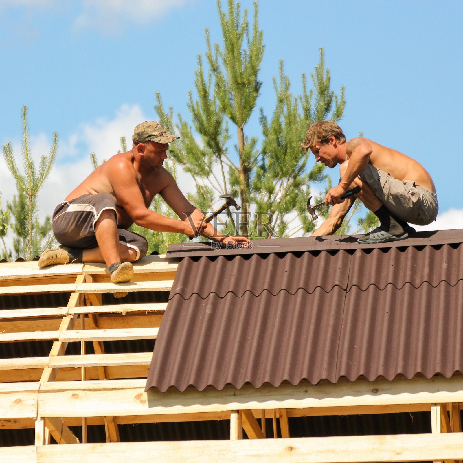 在屋顶上用锤子工作。照片摄影图片