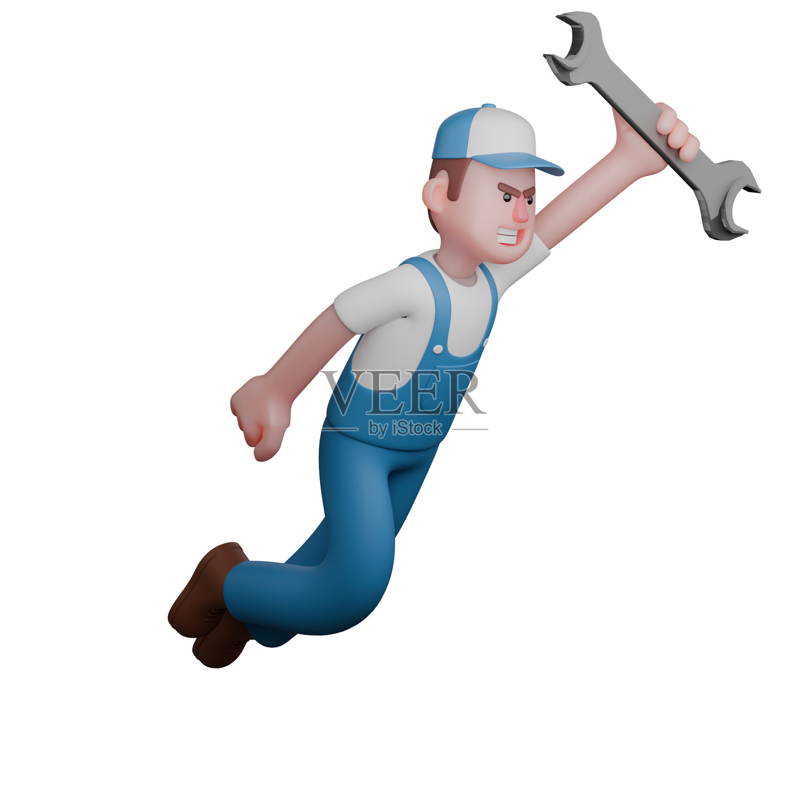 男性3D技师。一个穿着蓝色制服、精神抖擞的机械师，手里高高地举着一把大扳手跳了起来。专业照片摄影图片