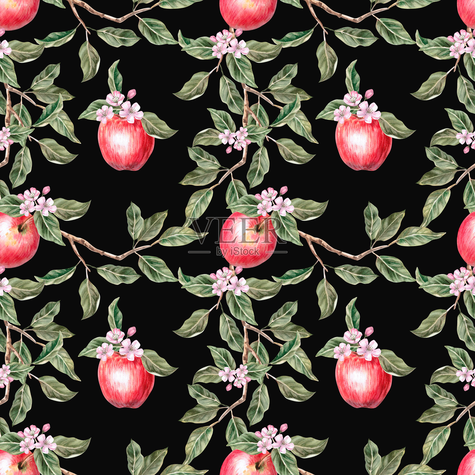 无缝图案黑色背景与分支的红苹果。孤立的水彩插图在现实主义风格的农场自然产品设计，收获，织物印花插画图片素材