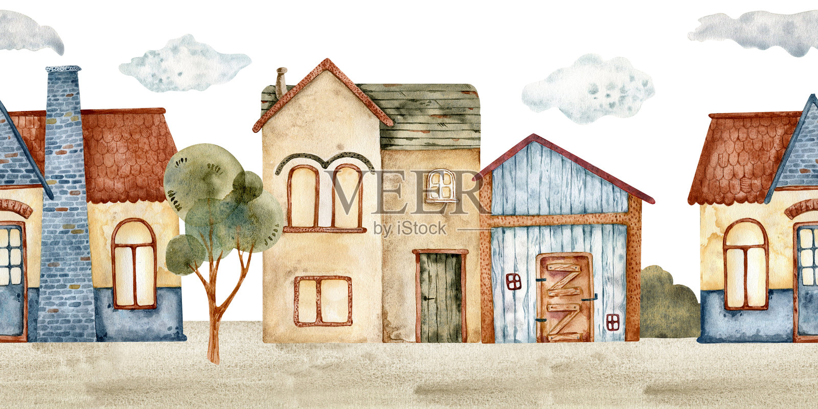 白色背景上的建筑无缝边框图案。可爱的水彩建筑和树木。全景的童话房屋，老城街道，欧式房屋无缝图案。时髦的斯堪的纳维亚背景。高质量插图插画图片素材