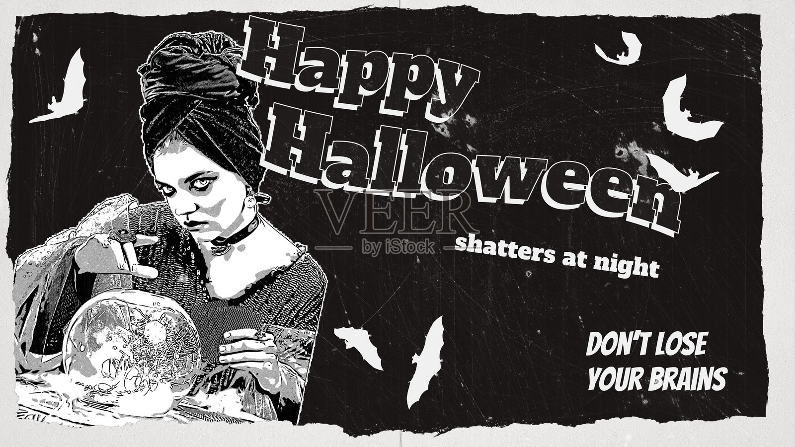 黑白复古风格的万圣节海报，以神秘的算命先生和蝙蝠和怪异的文字为特色。魔术师,女巫。当代艺术拼贴。照片摄影图片