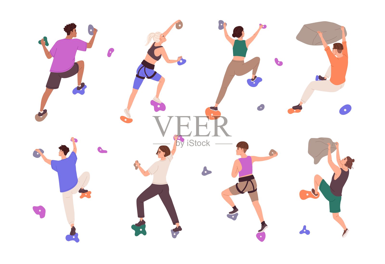 人们在室内攀爬抱石公园。登山者在用石头砌成的人造山墙上训练。男人和女人在健身房登山。白色背景上的平面隔离矢量插图插画图片素材