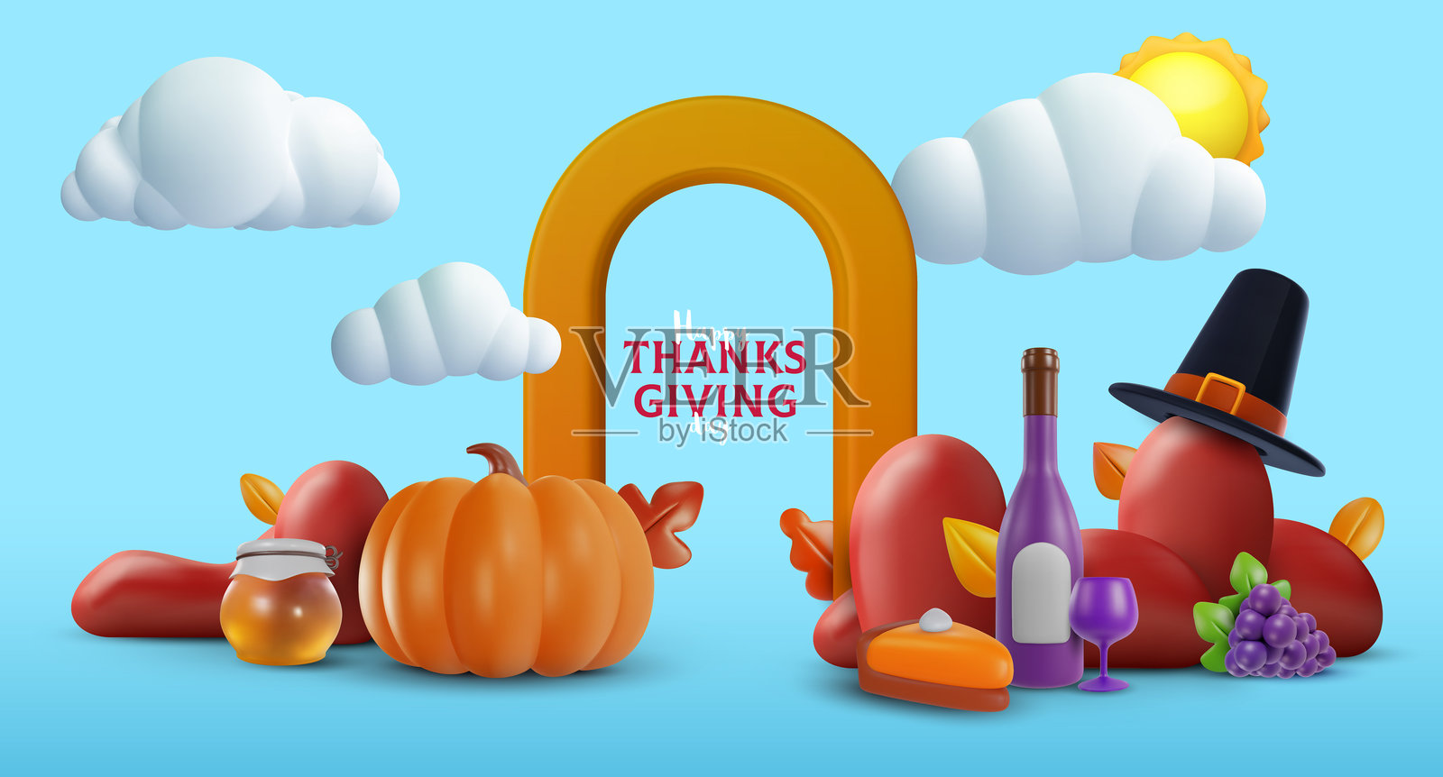 感恩节快乐的节日背景。设计成分与南瓜，馅饼，朝圣者帽，葡萄，葡萄酒，蜂蜜在3d卡通风格的横幅，传单，卡片，海报。矢量庆祝插图。插画图片素材
