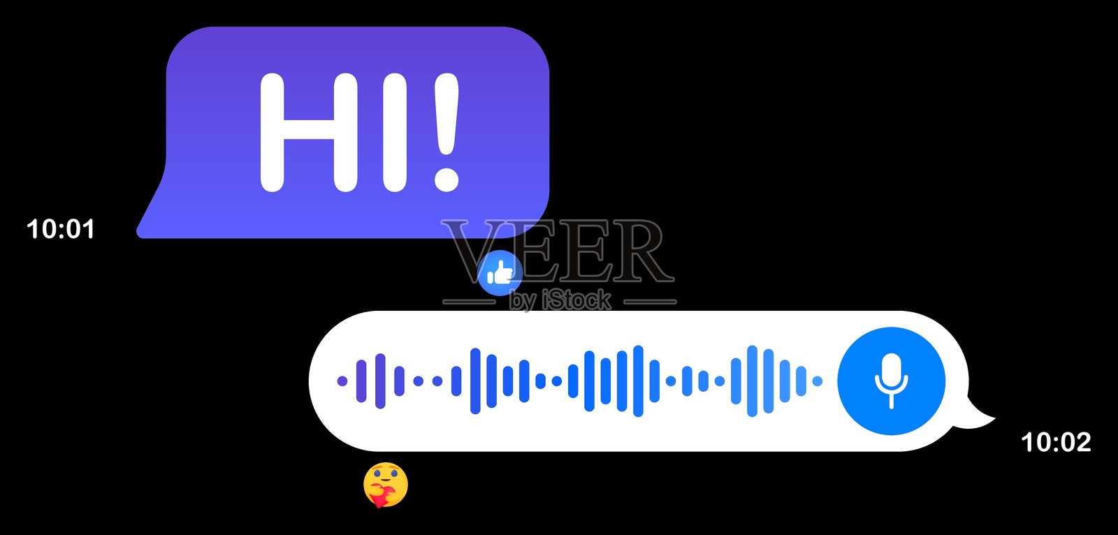 信使中的信息。蓝色语音泡泡，黑色背景，短信，嗨，放置你的内容，语音邮件，发送，交付，阅读，沟通，在线，发送时间，反应，麦克风，记录插画图片素材