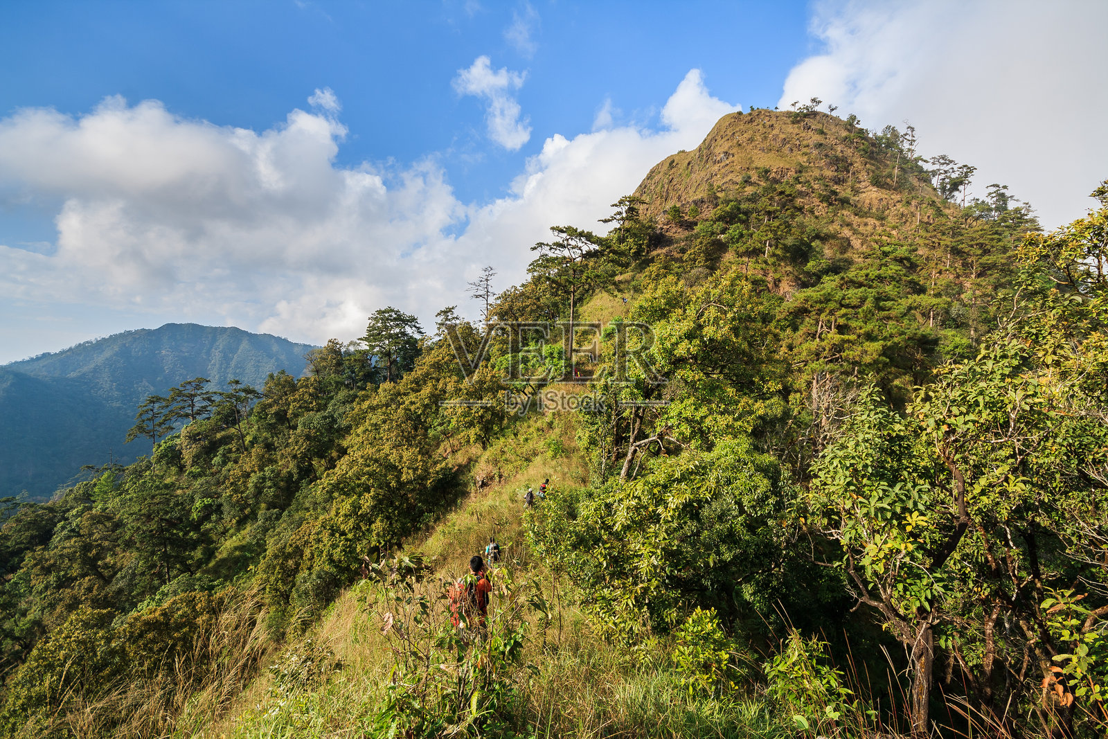 背包客沿着一条小路走到山上照片摄影图片