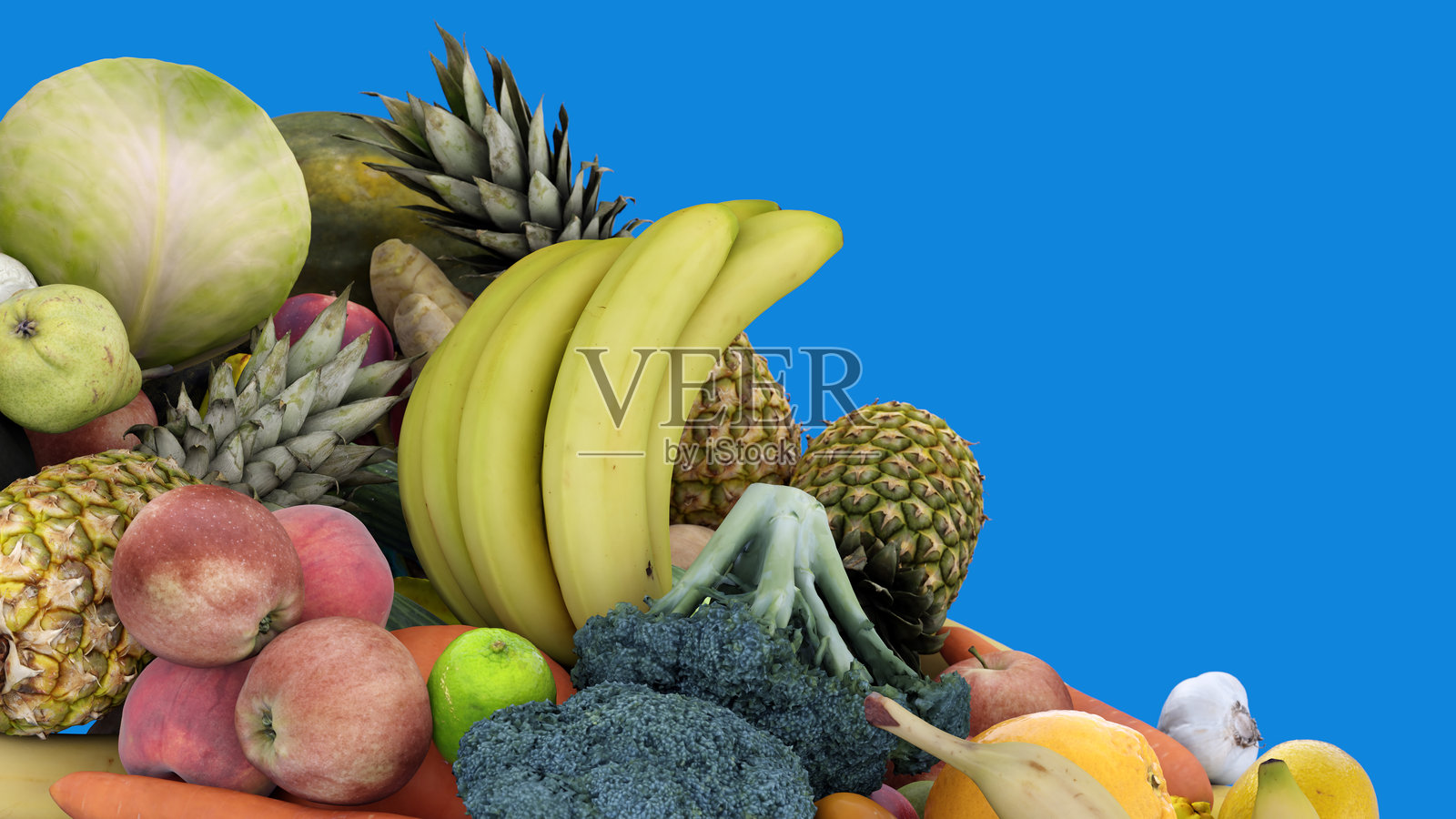 新鲜水果和蔬菜落在蓝色背景与复制空间，3D动画照片摄影图片