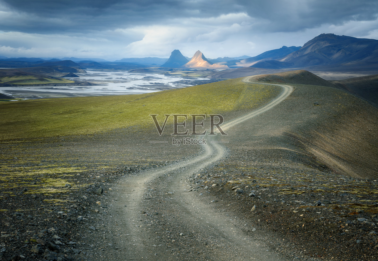 冰岛高地的土路，通向一条编织的冰川河照片摄影图片