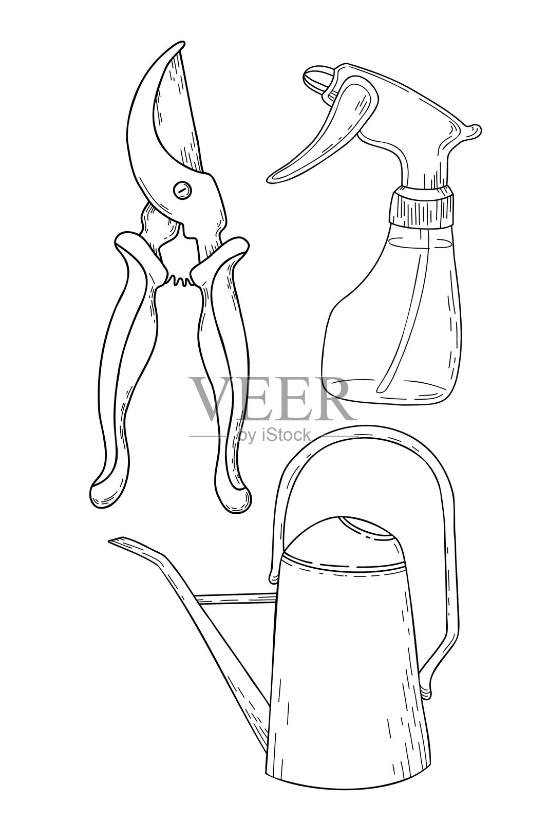 花园工具线性图标和涂鸦。花园耙，花园叉，花铲，手动耕耘机，修枝剪，喷壶，喷雾瓶，剪枝钳，刺刀铲，刷子，干草叉。插画图片素材