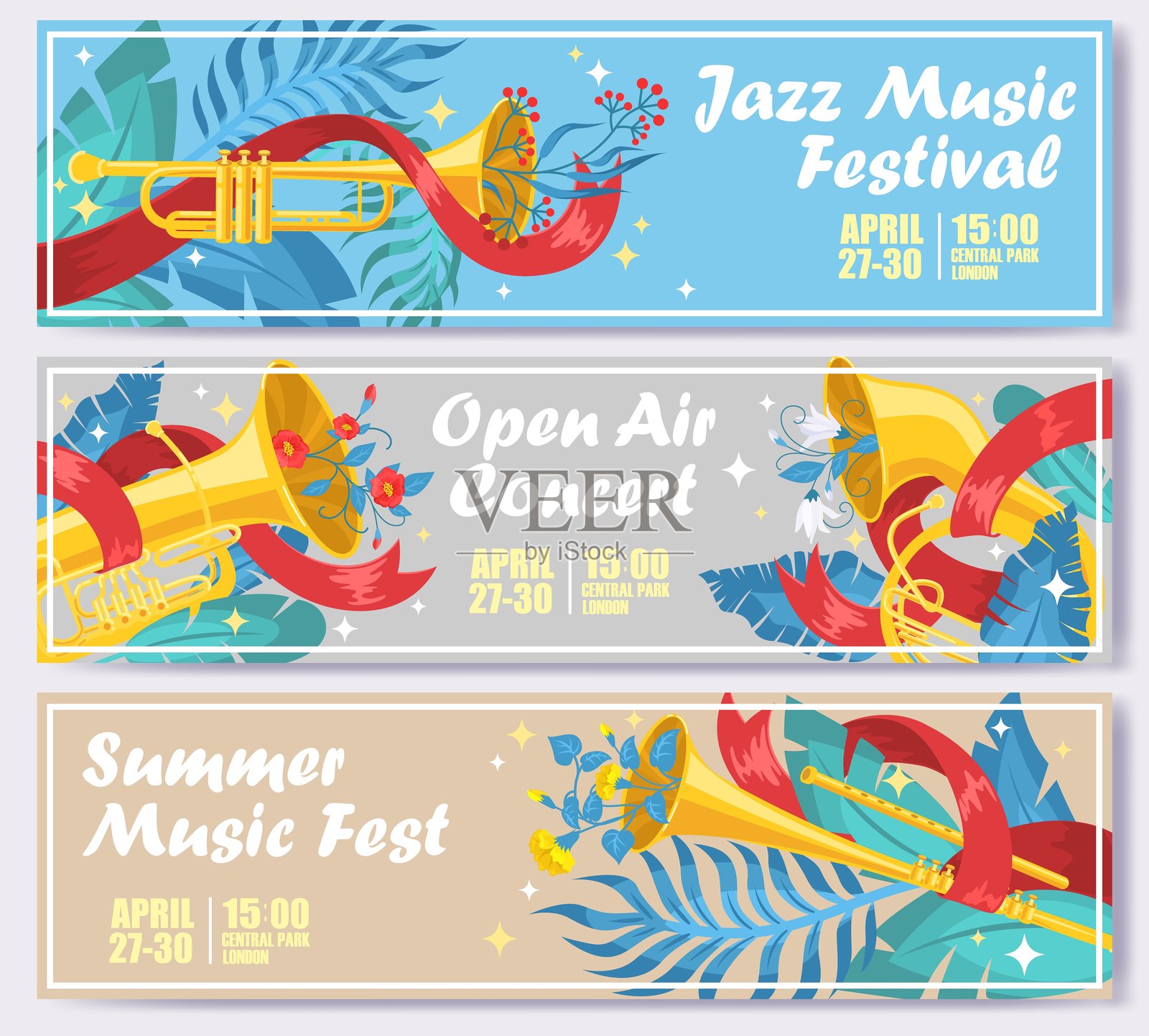 爵士音乐节，露天音乐会，夏季音乐节广告横幅设置插画图片素材