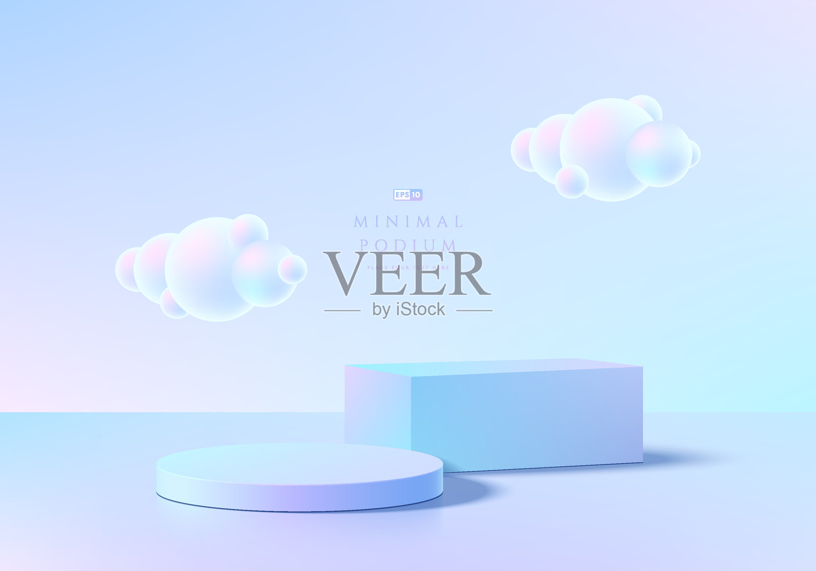 3D圆形，立方体蓝色全息讲台与浮动云的背景。极简设计中的抽象构图。3D工作室展示陈列室产品底座，时装舞台展示矢量模型场景。插画图片素材