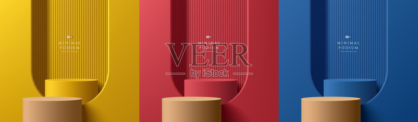 套3D红，蓝，黄和木制讲台背景与拱形窗口。极简设计中的抽象构图。3D工作室展示陈列室产品底座，时装舞台展示样机场景。插画图片素材