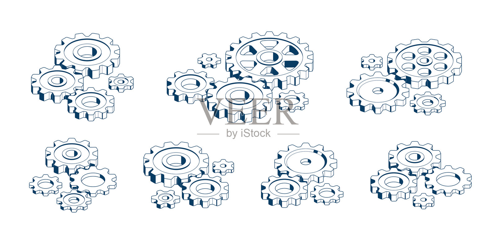 工业与制造业概念集，齿轮组成等距三维矢量图，齿轮系统技术与工艺机械发动机。插画图片素材