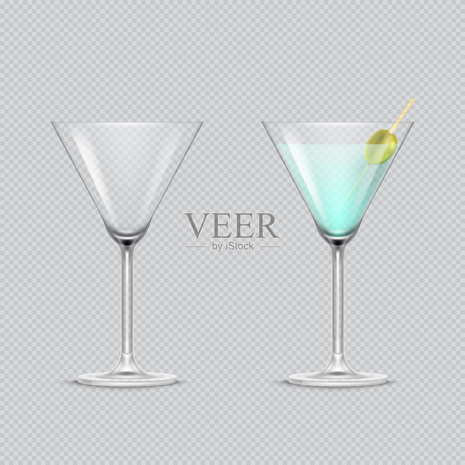 现实的一套完整的和空的透明鸡尾酒杯隔离在透明的背景。用木棍和橄榄调制的鸡尾酒。矢量3D设计元素。插画图片素材
