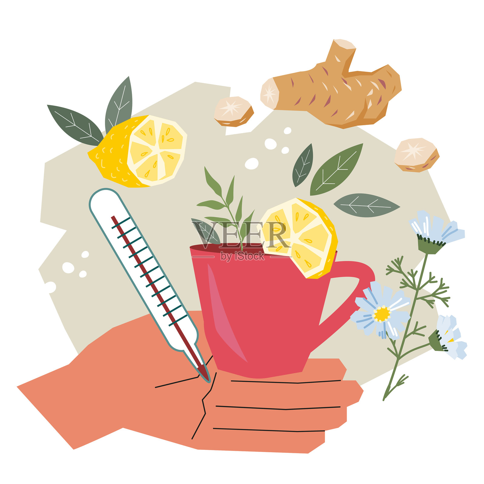 手提供自然感冒和流感的补救措施，矢量插图孤立。插画图片素材