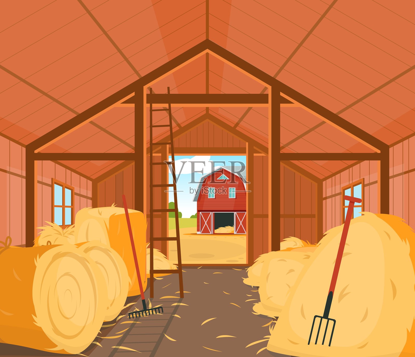 内部谷仓与干草堆。牲畜饲料储存。木制的村庄建筑。草卷。成捆的干麦秆。农村的房子。用干草叉把干草堆起来。农业病媒概念插画图片素材