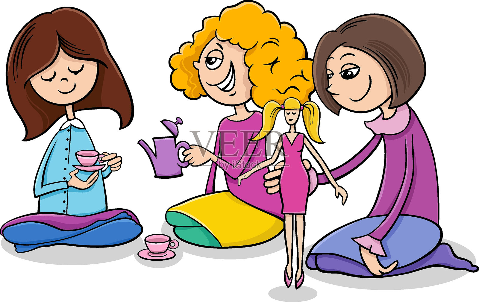 可爱的卡通女孩带着玩具玩过家家插画图片素材