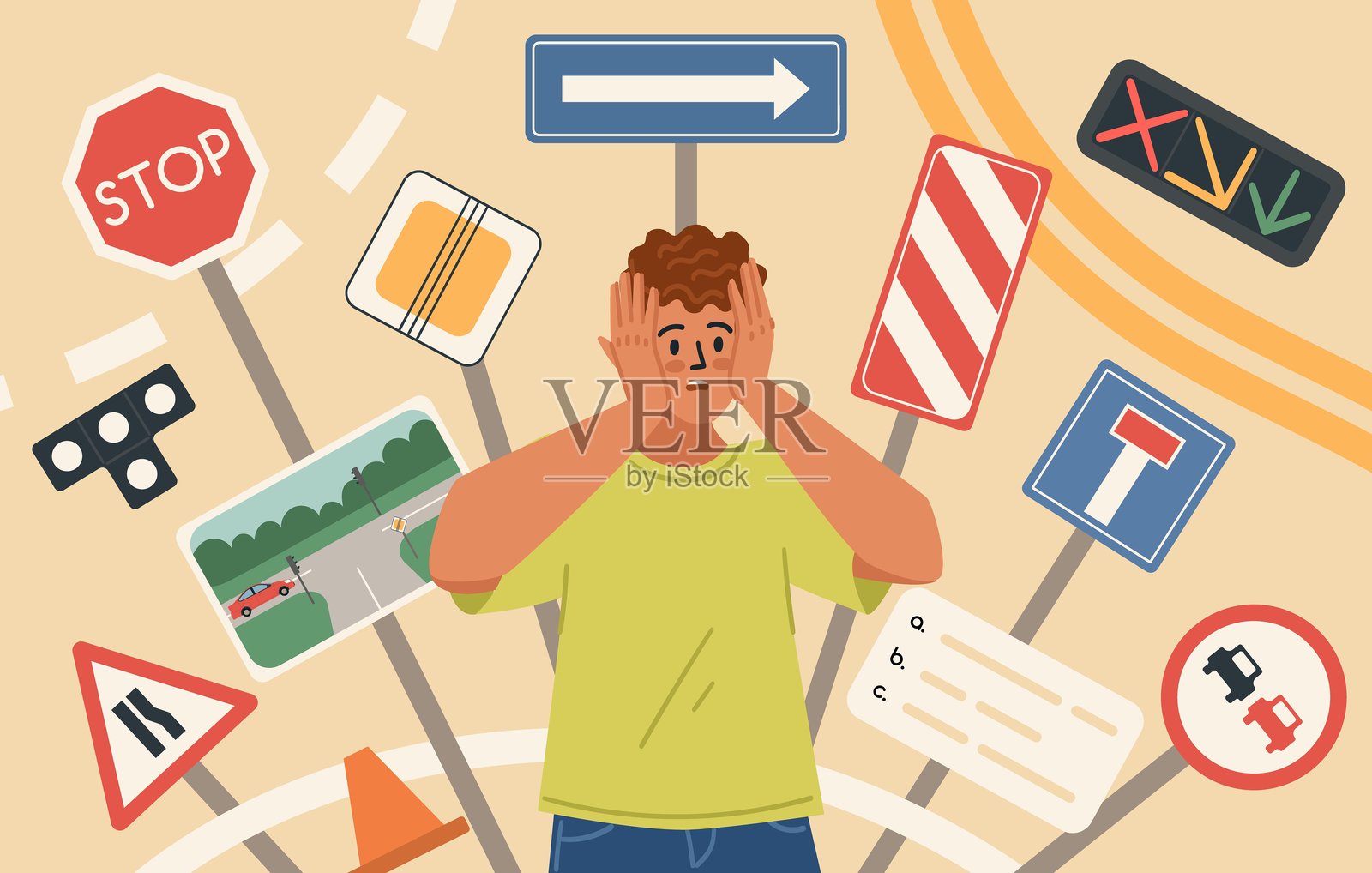 震惊的男子司机初学者对道路标志和驾驶规则插画图片素材
