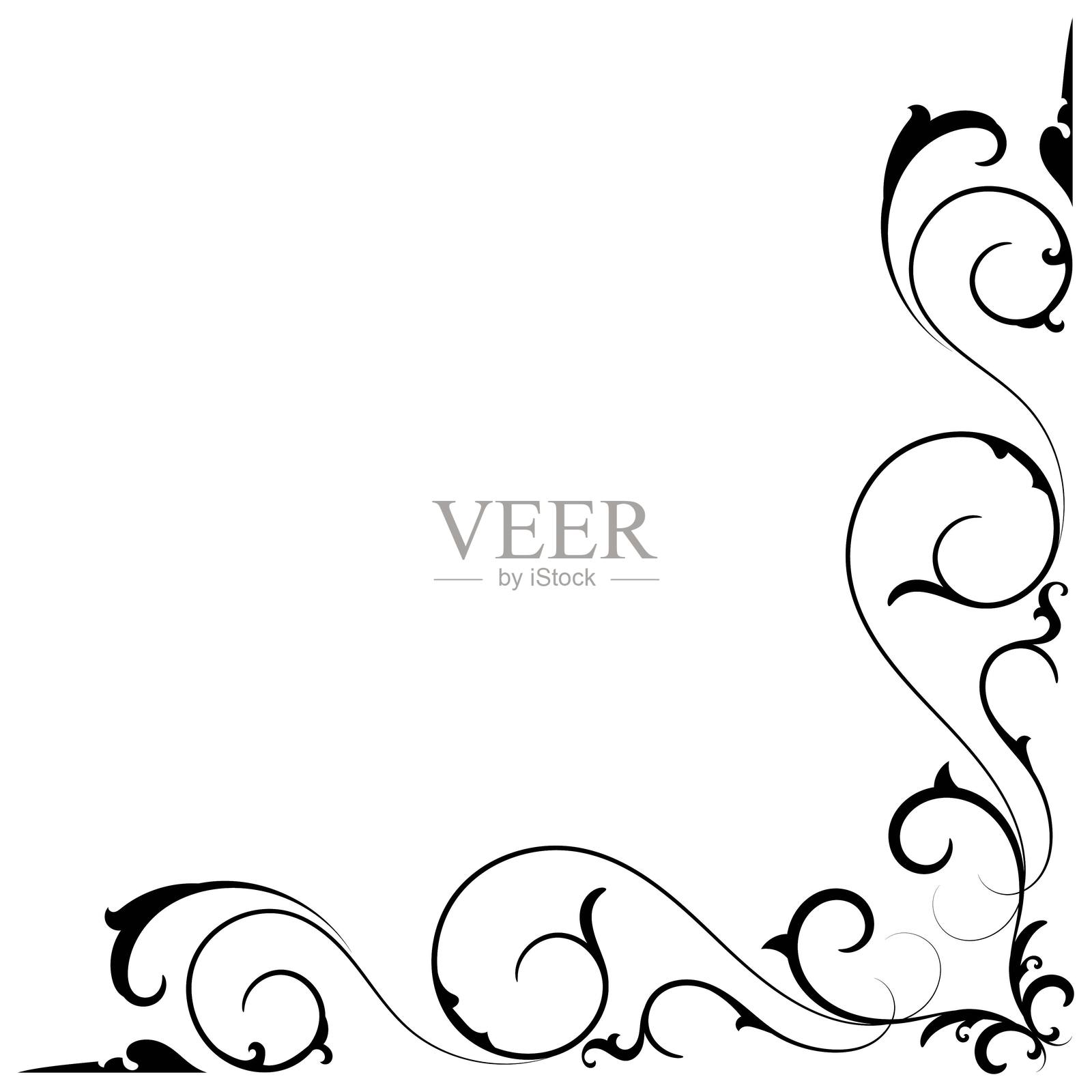 用于装饰贺卡的经典拐角抽象花卉卷轴复古相框插画图片素材