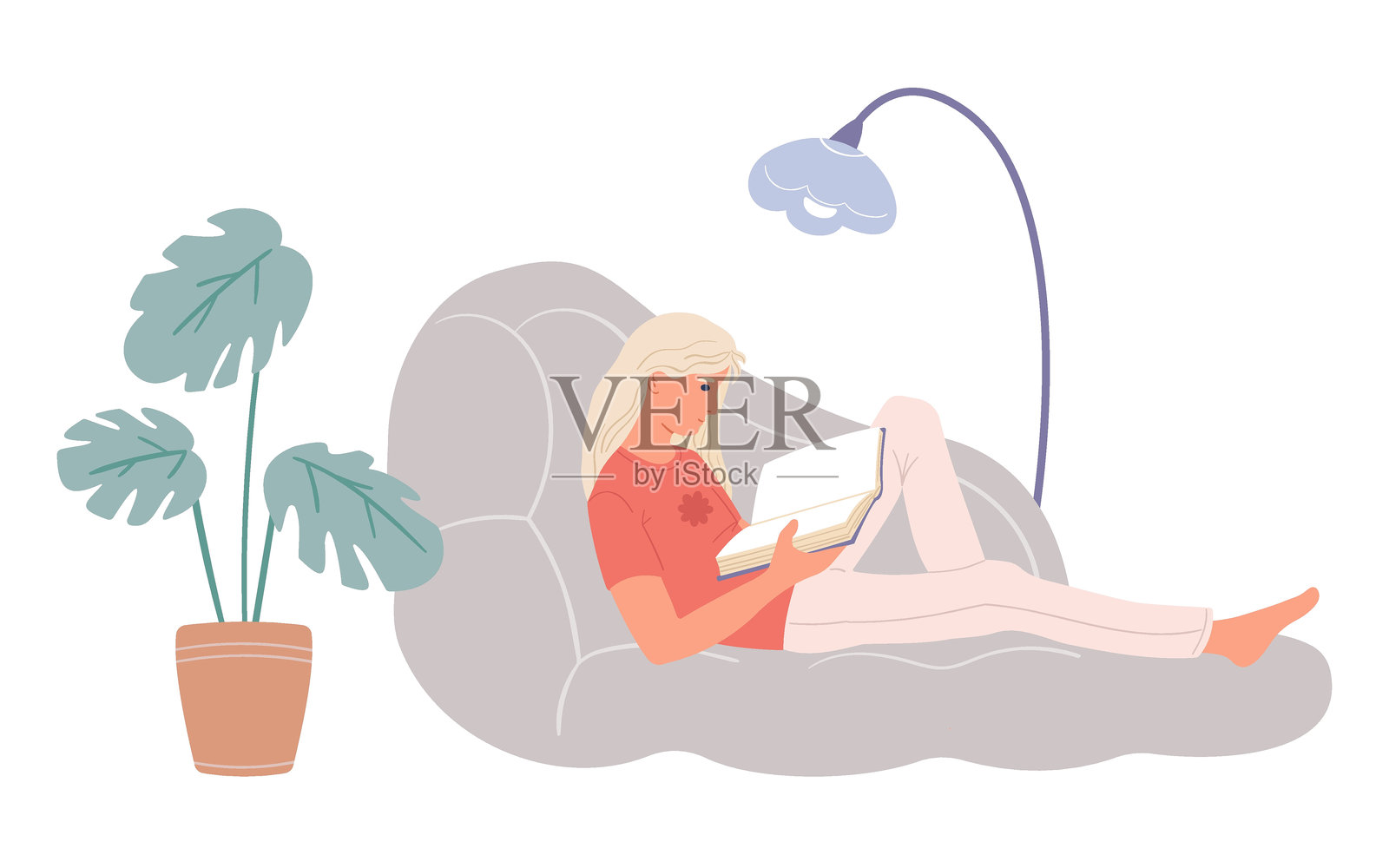 年轻的女孩躺在沙发上看书。女性性格在一个舒适的家庭环境。沙发上读书的女孩，一堆书和花盆里的花。平面矢量插图。插画图片素材