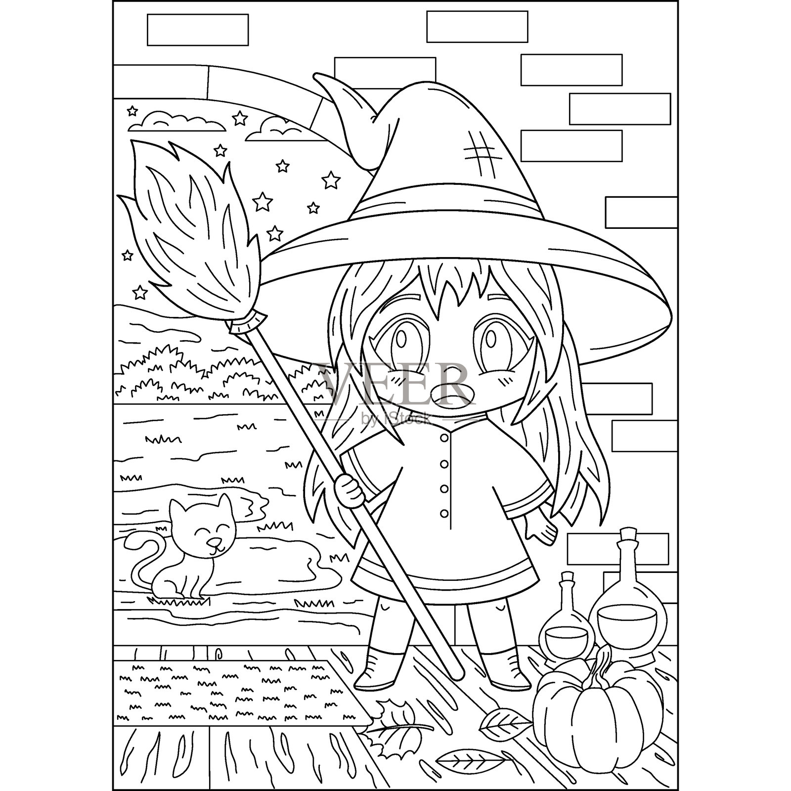 家卡哇伊巫婆万圣节涂色书页插画图片素材