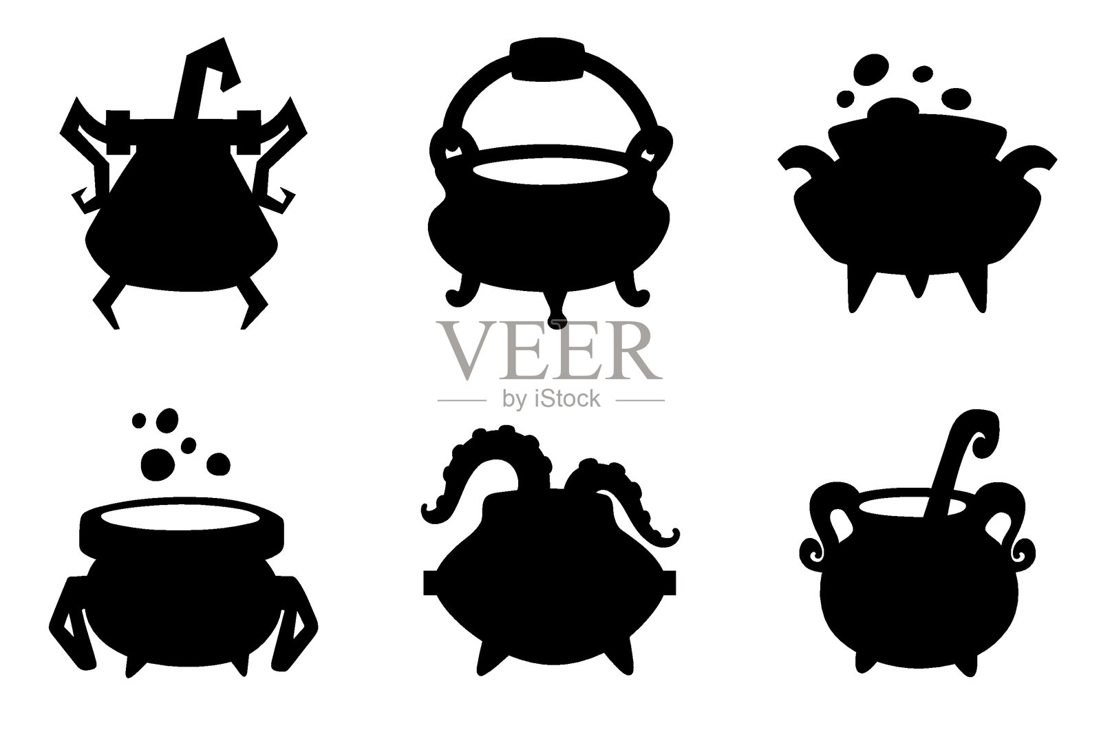 造型简单的女巫锅，庆祝万圣节。剪影的大锅印刷和设计。白色背景上孤立的黑色元素插画图片素材