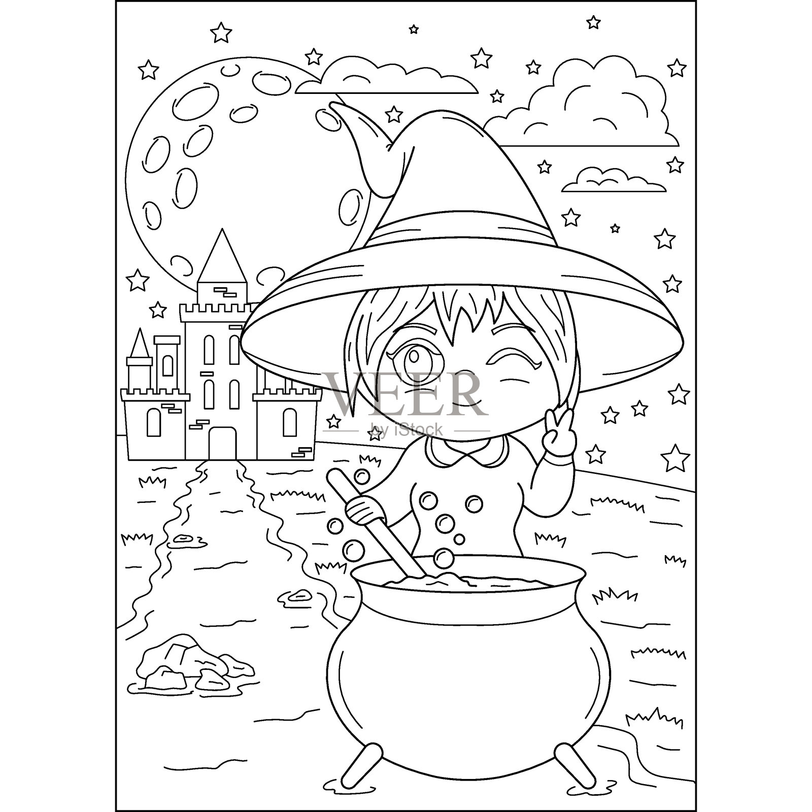 卡哇伊巫婆万圣节涂色书页面插画图片素材