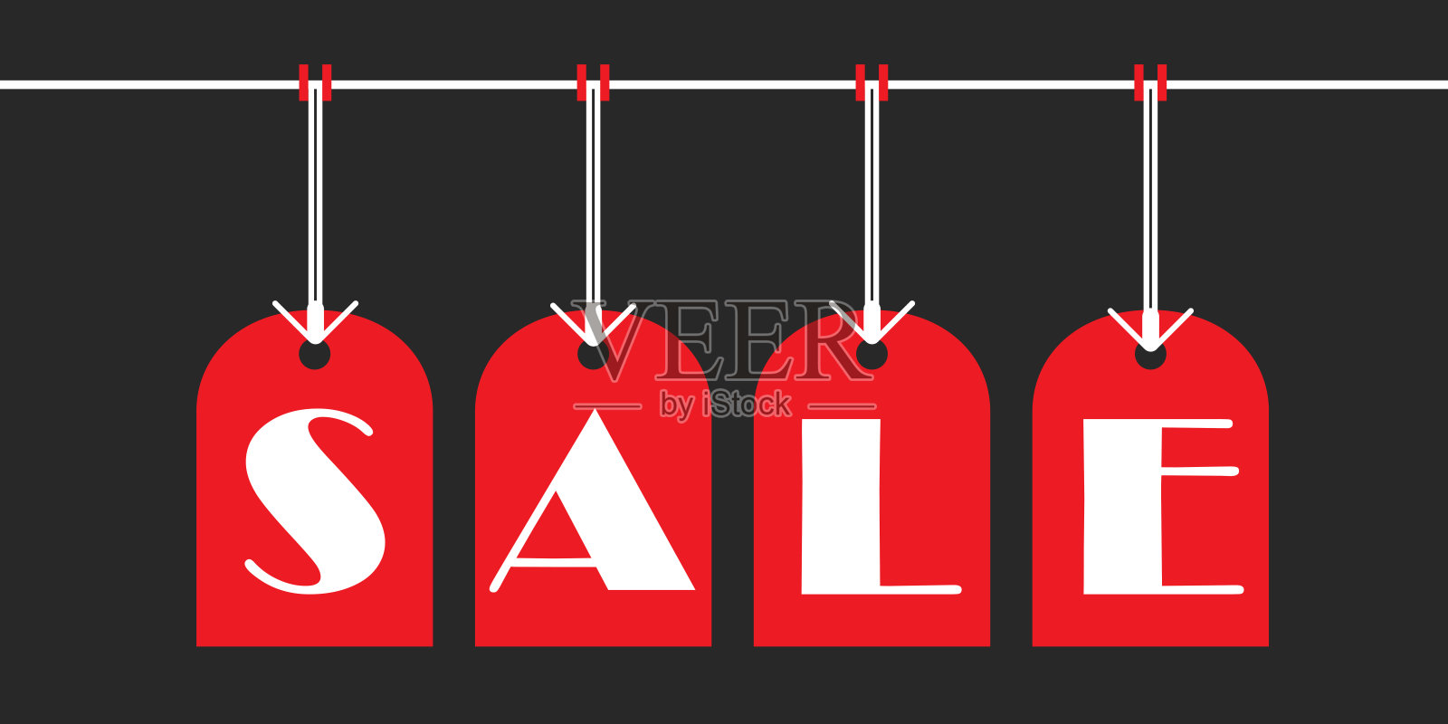 复古抽象孤立可爱的厚白色SALE字母在红色标签与串挂一行图标设计元素在黑色背景插画图片素材