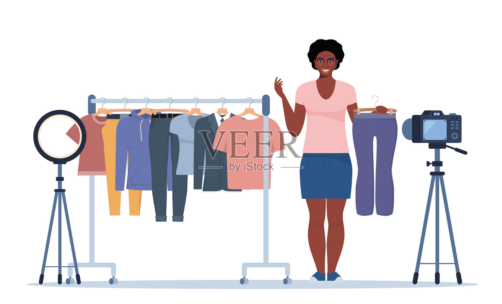 黑人女性博主录制选衣技巧视频，向订阅者展示流行服装模特。品牌或产品推广，社交媒体营销活动。矢量插图。插画图片素材