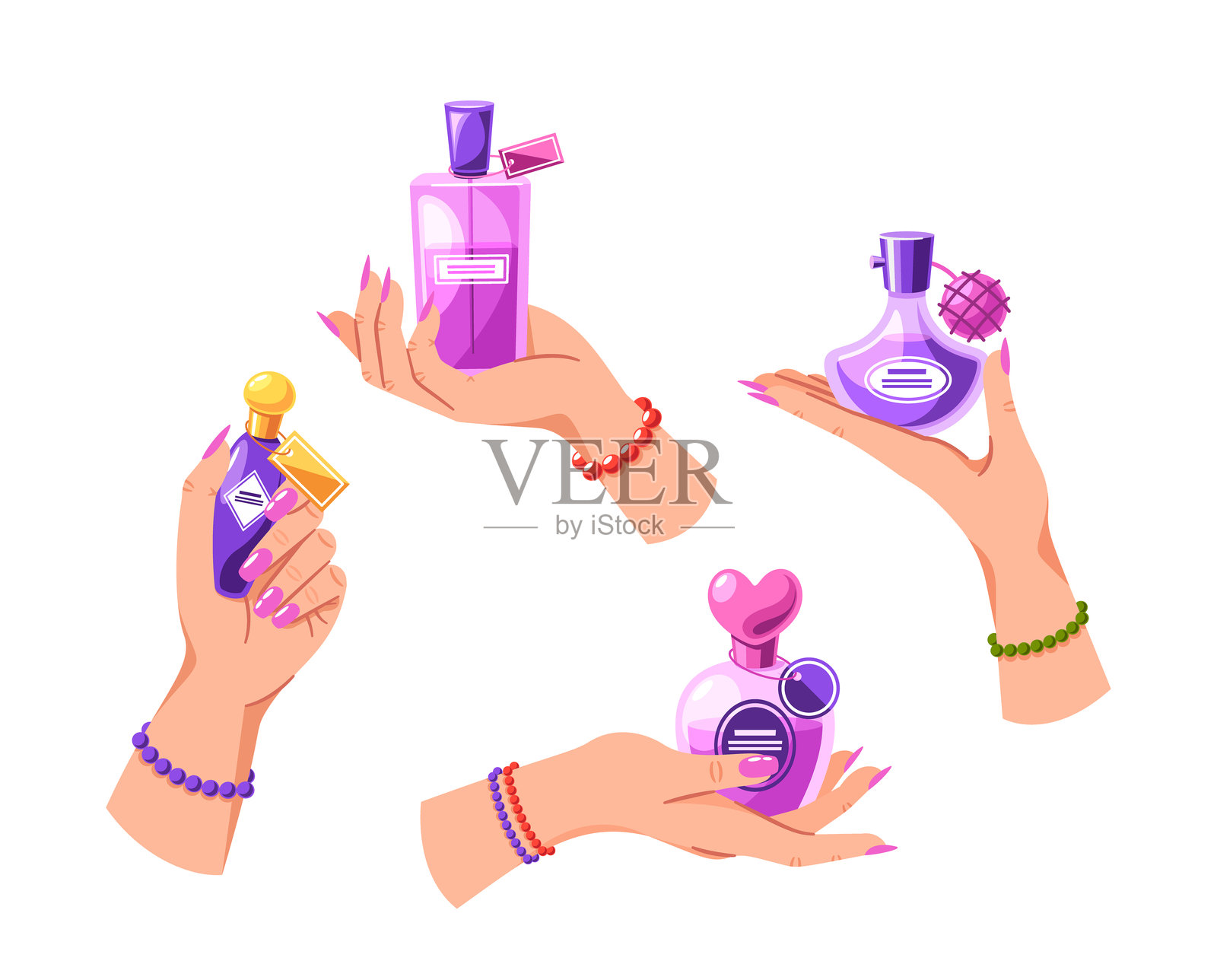 优雅的女性手与手镯和指甲油优雅地拿着各种香水瓶。矢量图插画图片素材