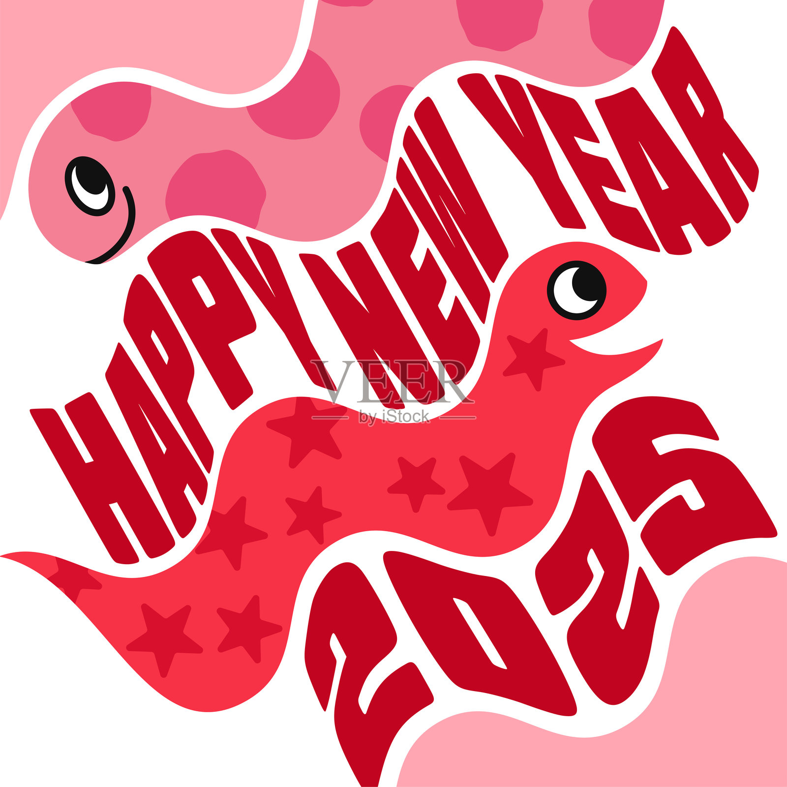 2025年是蛇年，这是一张时髦的粉色方形新年贺卡，上面有一条蛇在滑动。插画图片素材