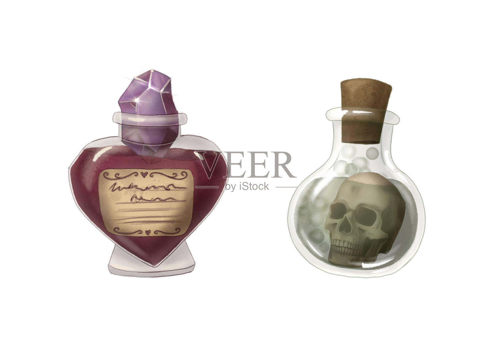 爱情与死亡药水设定在卡通风格。手绘万圣节红绿巫术毒液。巫婆画完美的秋天插图和怪异的季节卡设计。插画图片素材