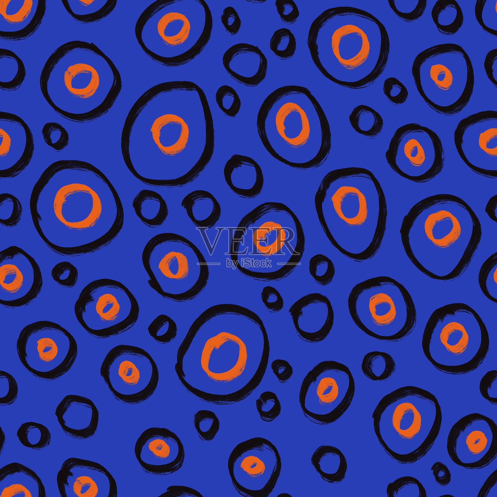 无缝抽象几何图案。简单的背景在蓝色，橙色和黑色的颜色。数字纹理背景。圆圈。用于纺织面料、包装纸、背景、壁纸、封面的设计。插画图片素材