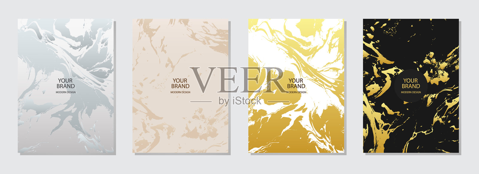 封面设计集。纹理丰富多彩的大理石背景，金色质感。几何抽象图案与污渍，裂缝，划痕。独特的收集，垃圾叠加层。插画图片素材