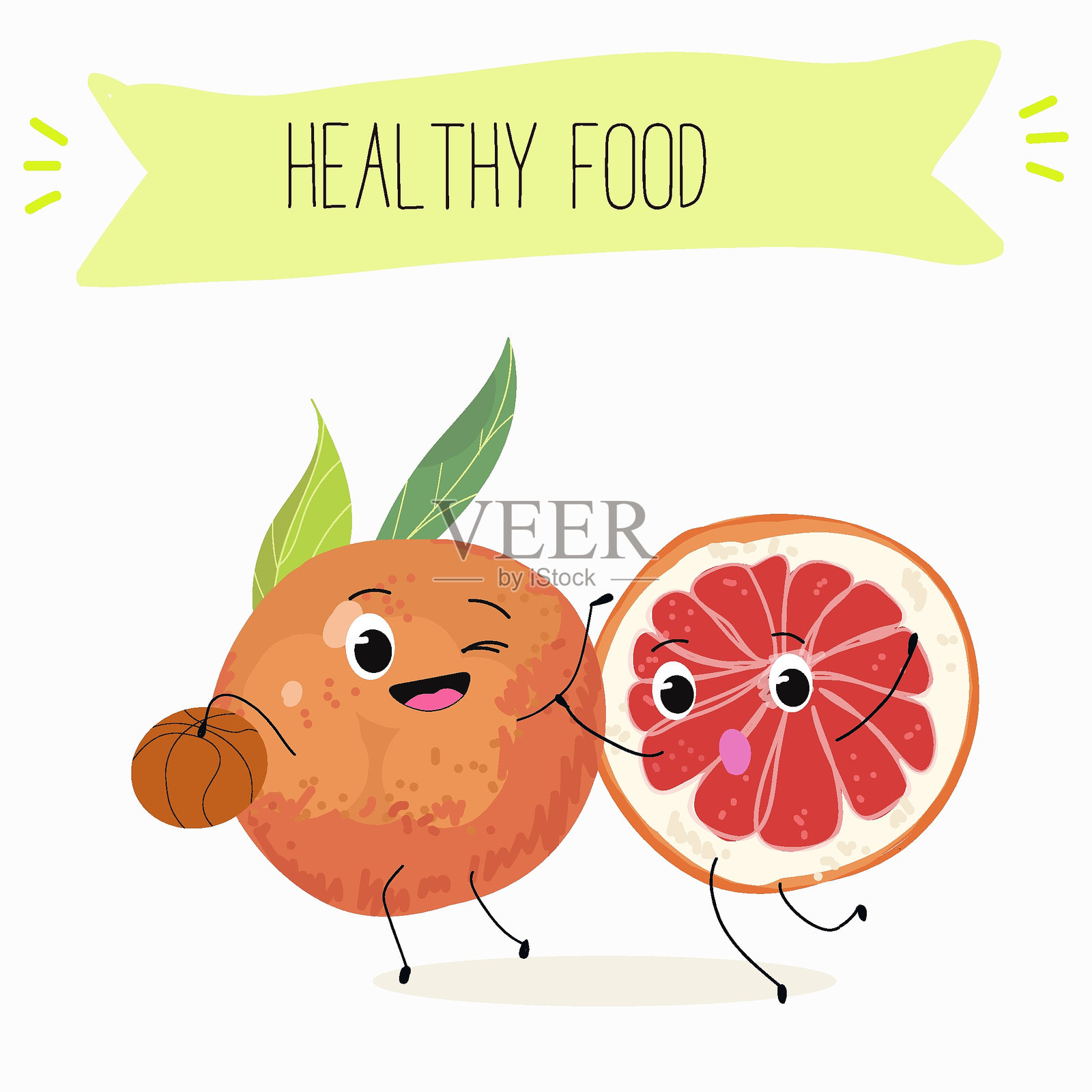 有趣的水果柚子角色。漫画元素，手绘风格。矢量插图贴纸，海报，印刷品。有趣的水果。插画图片素材