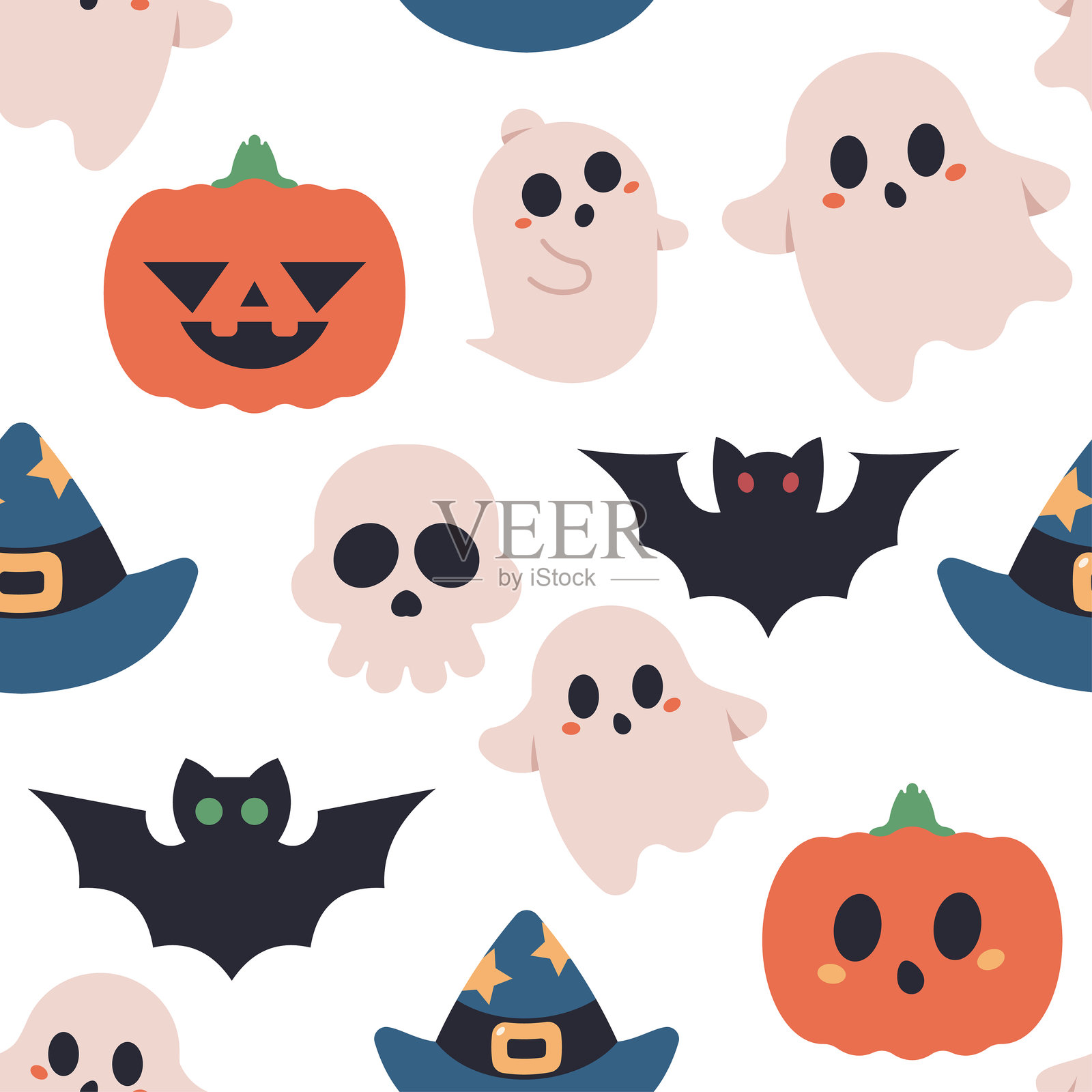 万圣节可爱的人物矢量卡通无缝图案背景。插画图片素材