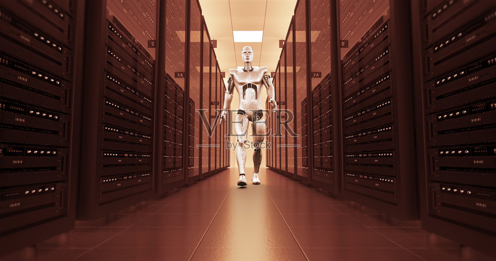 超级未来机器人在服务器机房里慢慢行走。数据流动。照片摄影图片