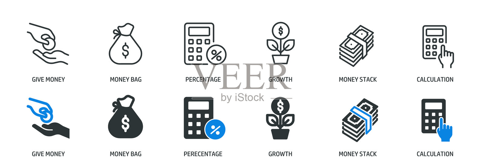 财务线和字形实体图标集合。最小的图标和符号系列矢量插图插画图片素材